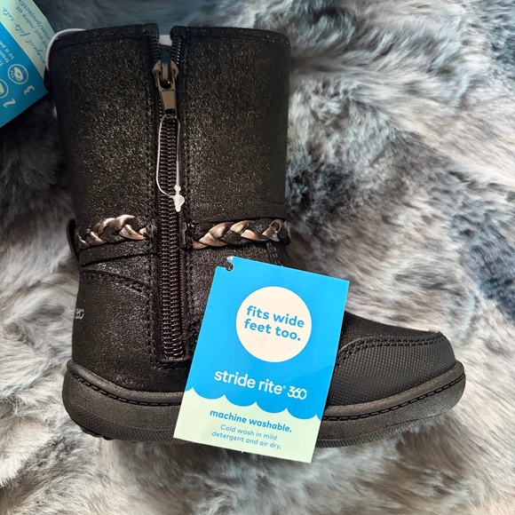 NIB Stride Rite 360 Toddler Girls 6M Amita Black Glitter Zip Boots Braid Tassels - Picture 5 of 8